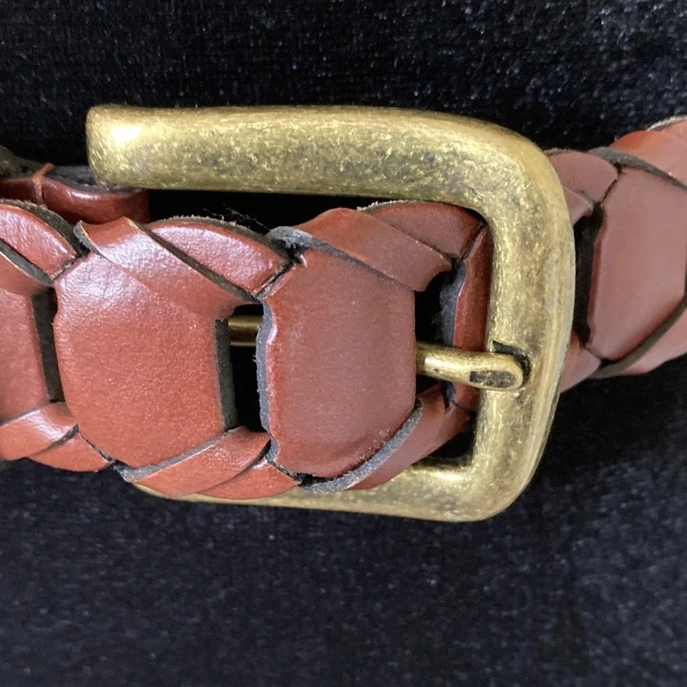 Mens Braided Brown Leather Belt Made‎ in Argentina Size 36 Brushed Brass Tone